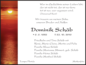 Traueranzeige von Dominik Schäb von  Kreisanzeiger