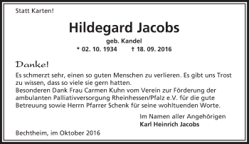Traueranzeige von Hildegard Jacobs von Trauerportal Rhein Main Presse