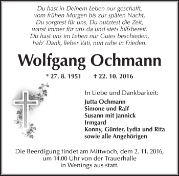 Traueranzeige von Wolfgang Ochmann von  Kreisanzeiger