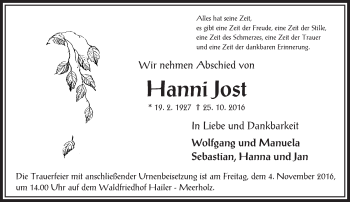 Traueranzeige von Hanni Jost von  Gelnhäuser Tageblatt