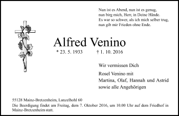 Traueranzeige von Alfred Venino von Trauerportal Rhein Main Presse