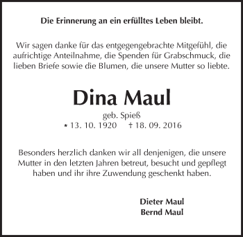 Traueranzeige von Dina Maul von Trauerportal Echo Online