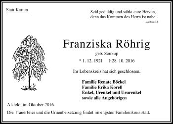 Traueranzeige von Franziska Röhrig von VRM Trauer