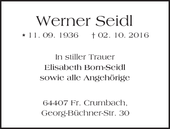 Traueranzeige von Werner Seidl von Trauerportal Echo Online