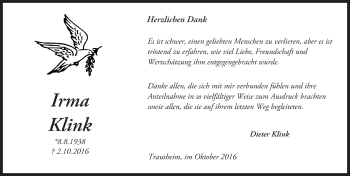 Traueranzeige von Irma Klink von Trauerportal Echo Online