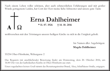 Traueranzeige von Erna Dahlheimer von Trauerportal Rhein Main Presse