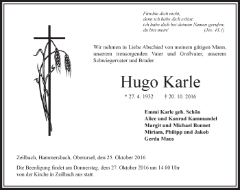 Traueranzeige von Hugo Karle von VRM Trauer