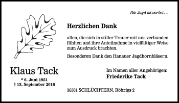 Traueranzeige von Klaus Tack von  Gelnhäuser Tageblatt