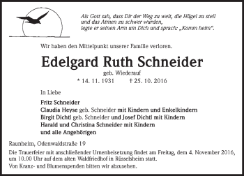Traueranzeige von Edelgard Ruth Schneider von Trauerportal Rhein Main Presse