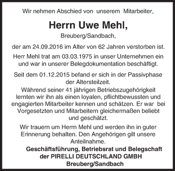 Traueranzeige von Uwe Mehl von Trauerportal Echo Online