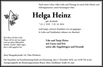 Traueranzeige von Helga Heinz von  Allgemeine Zeitung Alzey