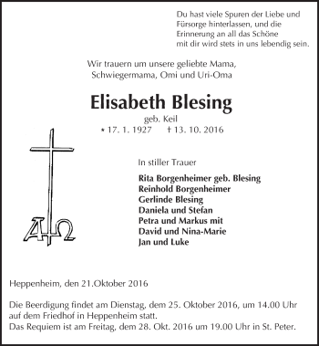 Traueranzeige von Elisabeth Blesing von Trauerportal Echo Online