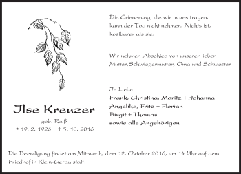 Traueranzeige von Ilse Kreuzer von Trauerportal Echo Online