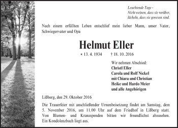 Traueranzeige von Helmut Eller von  Kreisanzeiger
