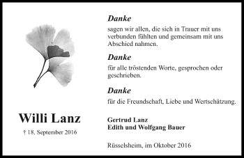 Traueranzeige von Willi Lanz von Trauerportal Rhein Main Presse