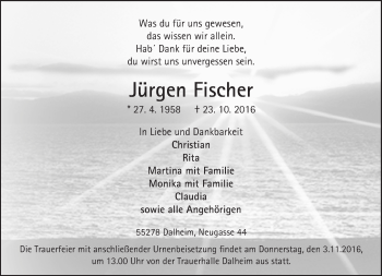 Traueranzeige von Jürgen Fischer von Trauerportal Rhein Main Presse
