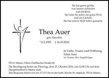 Traueranzeige von Thea Auer von Trauerportal Rhein Main Presse