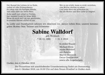 Traueranzeige von Sabine Walldorf von  Gießener Anzeiger