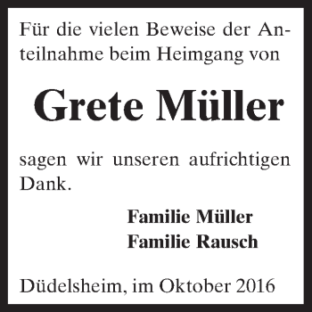Traueranzeige von Grete Müller von  Kreisanzeiger