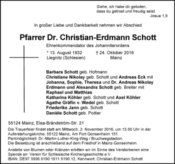 Traueranzeige von Christian-Erdmann Schott von Trauerportal Rhein Main Presse