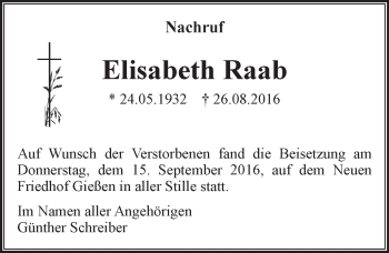Traueranzeige von Elisabeth Raab von  Gießener Anzeiger