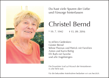 Traueranzeige von Christel Bernd von Trauerportal Echo Online