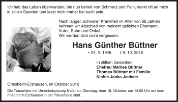 Traueranzeige von Hans Günther Büttner von Trauerportal Echo Online