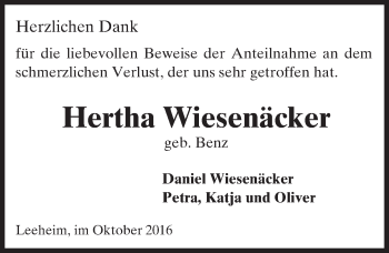 Traueranzeige von Hertha Wiesenäcker von Trauerportal Echo Online