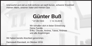 Traueranzeige von Günter Buß von Trauerportal Echo Online