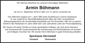 Traueranzeige von Armin Böhmann von Trauerportal Echo Online