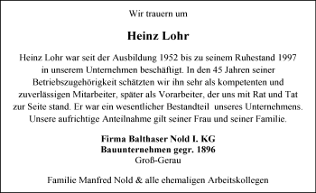 Traueranzeige von Heinz Lohr von Trauerportal Echo Online