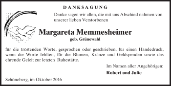 Traueranzeige von Margareta Memmesheimer von Trauerportal Rhein Main Presse