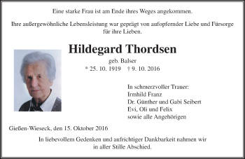 Traueranzeige von Hildegard Thordsen von  Gießener Anzeiger