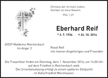 Traueranzeige von Eberhard Reif von  Usinger Anzeiger