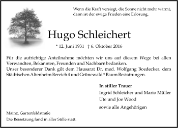 Traueranzeige von Hugo Schleichert von Trauerportal Rhein Main Presse