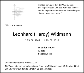 Traueranzeige von Leonhard Widmann von Trauerportal Rhein Main Presse