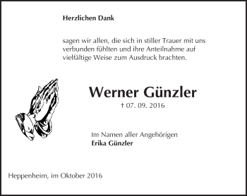 Traueranzeige von Werner Günzler von Trauerportal Echo Online