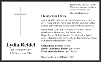 Traueranzeige von Lydia Reidel von  Kreisanzeiger