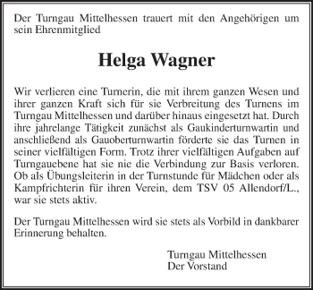 Traueranzeige von Helga Wagner von  Gießener Anzeiger