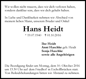 Traueranzeige von Hans Heidt von Trauerportal Echo Online