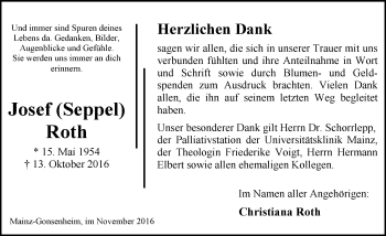 Traueranzeige von Josef Roth von Trauerportal Rhein Main Presse
