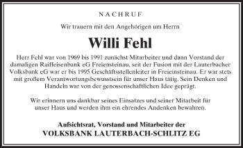 Traueranzeige von Willi Fehl von VRM Trauer