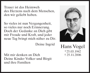 Traueranzeige von Hans Vogel von Trauerportal Rhein Main Presse