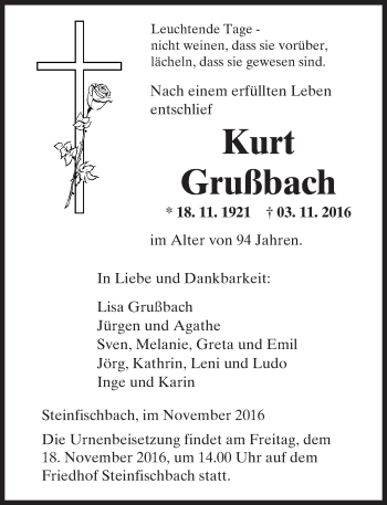 Traueranzeige von Kurt Grußbach von  Camberger Anzeiger
