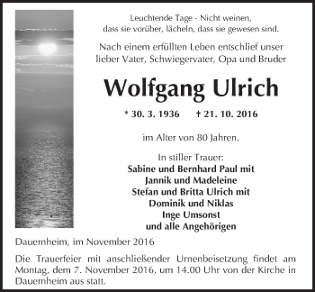 Traueranzeige von Wolfgang Ulrich von  Kreisanzeiger