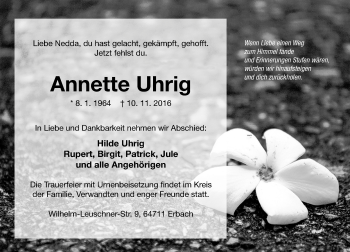 Traueranzeige von Annette Uhrig von Trauerportal Echo Online