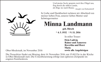 Traueranzeige von Minna Landmann von  Kreisanzeiger