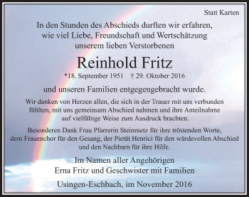 Traueranzeige von Reinhold Fritz von  Usinger Anzeiger