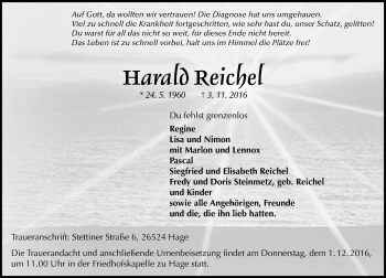 Traueranzeige von Harald Reichel von  Usinger Anzeiger