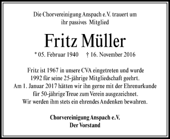 Traueranzeige von Fritz Müller von  Usinger Anzeiger